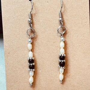 Stainless Steel Dangle Earrings Freshwater Pearls & Black Onyx Hand Made